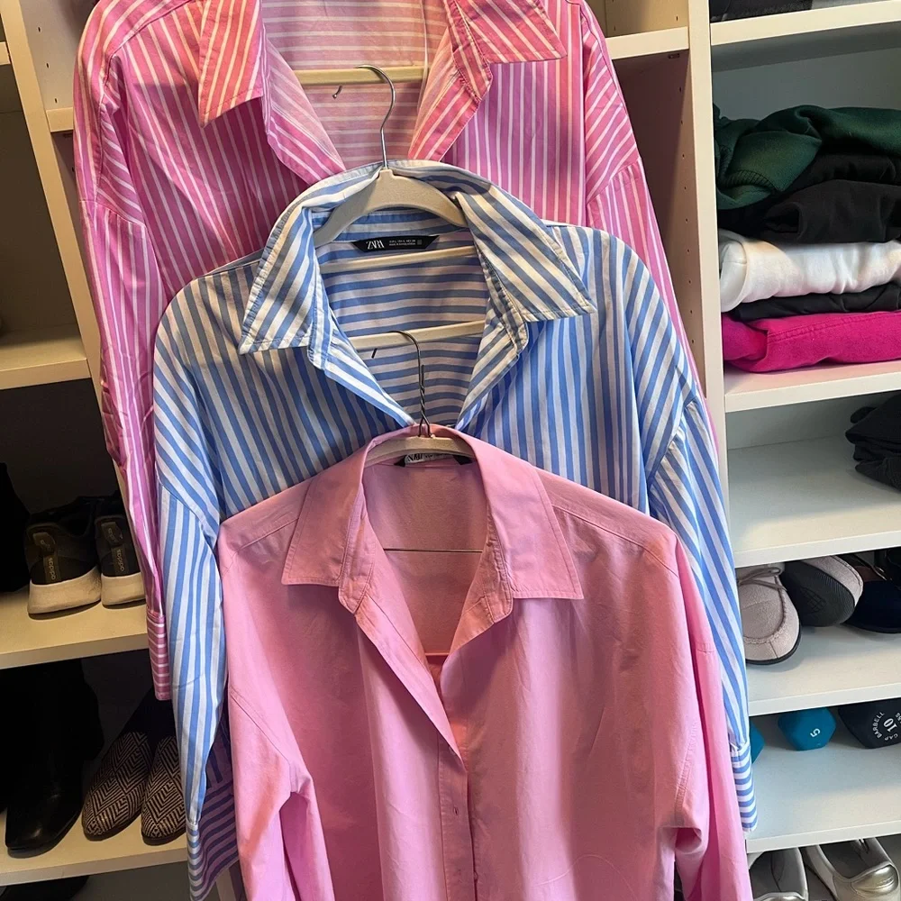 Zara Solid pink and Pink and Blue Striped Women's Blouse Lot - Picture 1 of 5